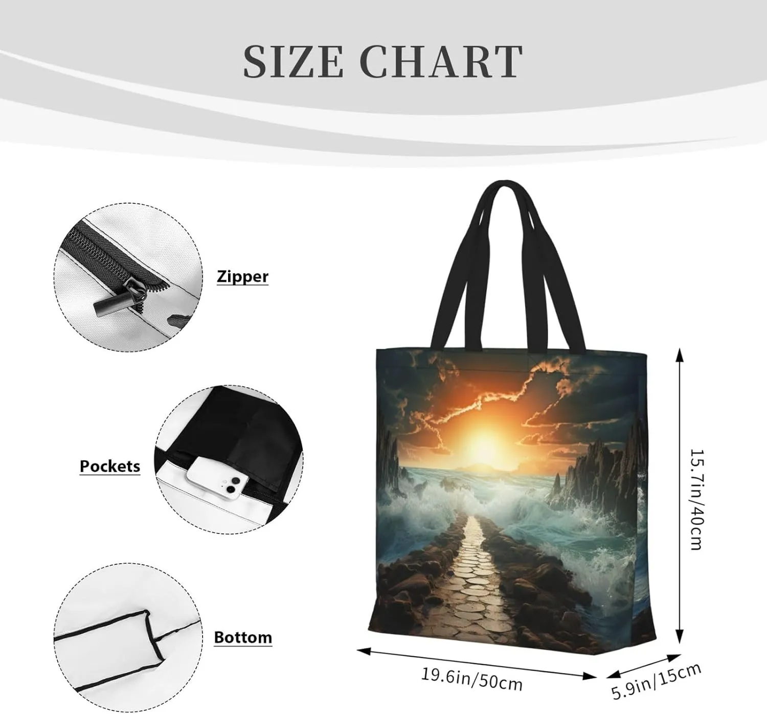 Tote Bag for Women Grocery Bag Reusable Shopping Bag Divided Sea Pathway Handbag Foldable Shoulder Bag