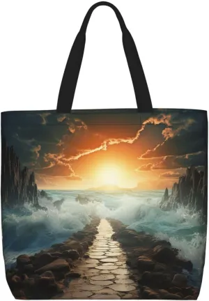 Tote Bag for Women Grocery Bag Reusable Shopping Bag Divided Sea Pathway Handbag Foldable Shoulder Bag