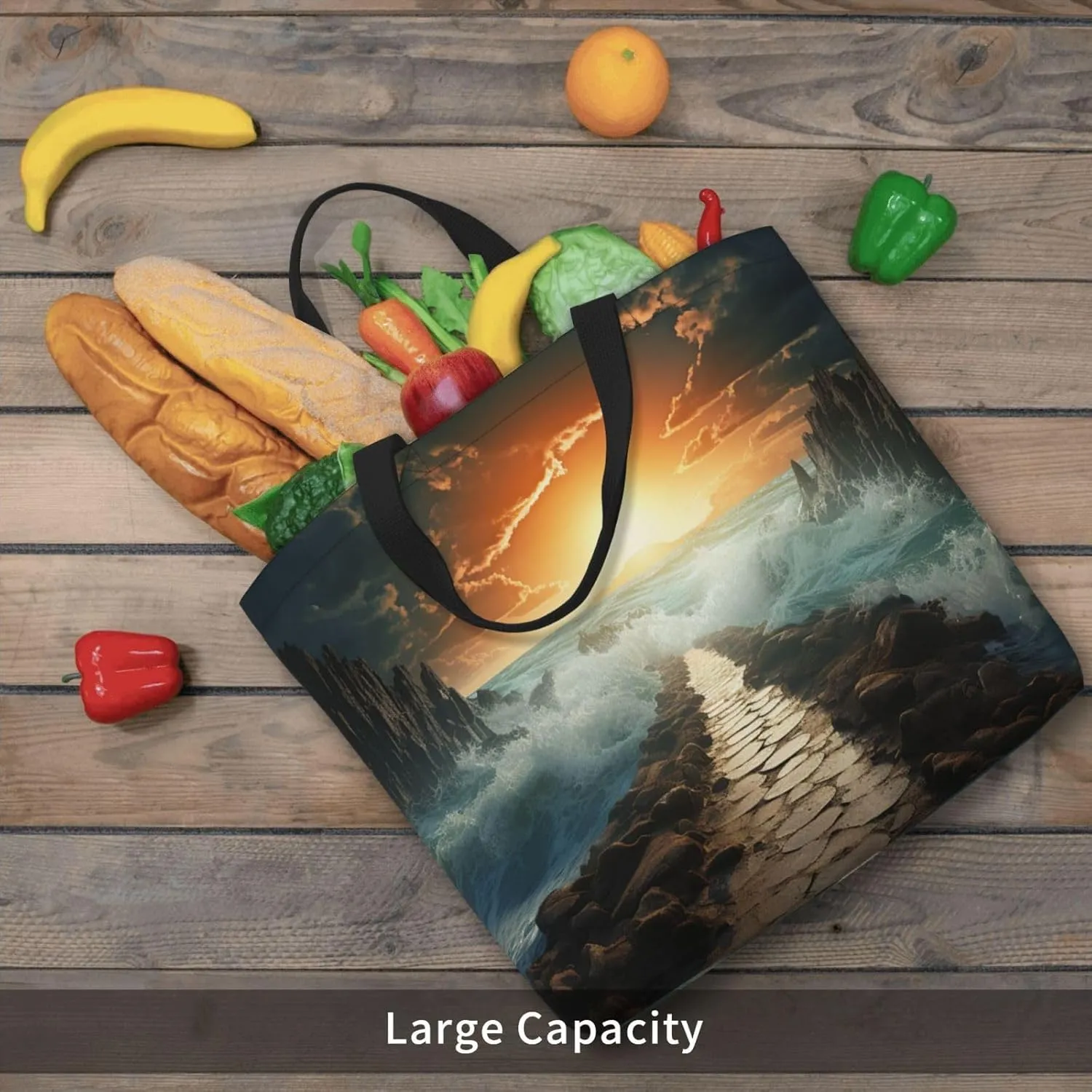 Tote Bag for Women Grocery Bag Reusable Shopping Bag Divided Sea Pathway Handbag Foldable Shoulder Bag