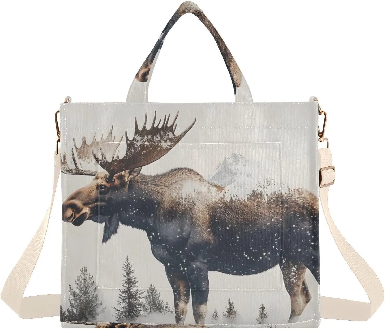 Tote Bag for Women Moose Landscape Print, Corduroy Handbags Purses with Detachable Strap Size Small