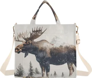 Tote Bag for Women Moose Landscape Print, Corduroy Handbags Purses with Detachable Strap Size Small