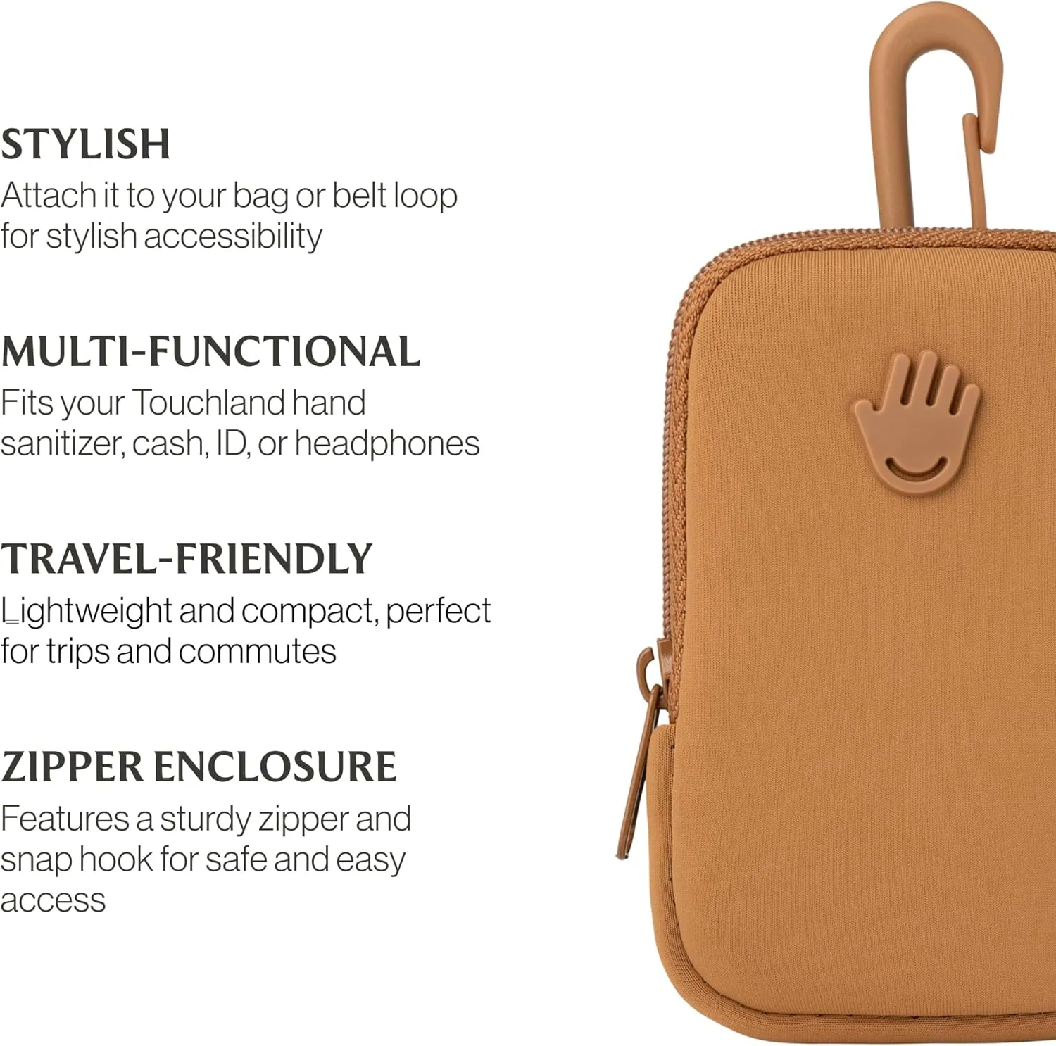 Touchette Zippered Pouch, Attachable Fashion Accessory with Snap Hook for Touchland Hand Sanitizer 1FL OZ., Caramel