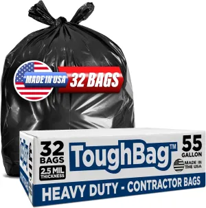 ToughBag 55 Gallon Trash Bags Heavy Duty (32 Count) Contractor Bags Large 55-60 Gallon Black Trash Can Liners - Made in USA