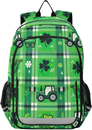 Tractor Green Plaid Shamrock Bookbags for Kids, Kids Laptop Backpack, Small Kid Backpack