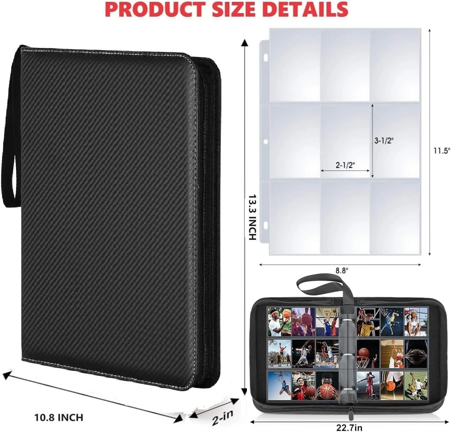 Trading Card Binder with 900 Pockets, Zipper Closure, Card Collection Album with Sleeves (Black-900 Pockets)