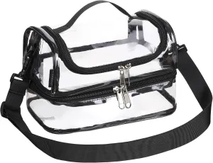 Transparent Plastic Double Clear Lunch Box top handle with adjustable-strap Tote bag for Work School Stadium Concert see through,black