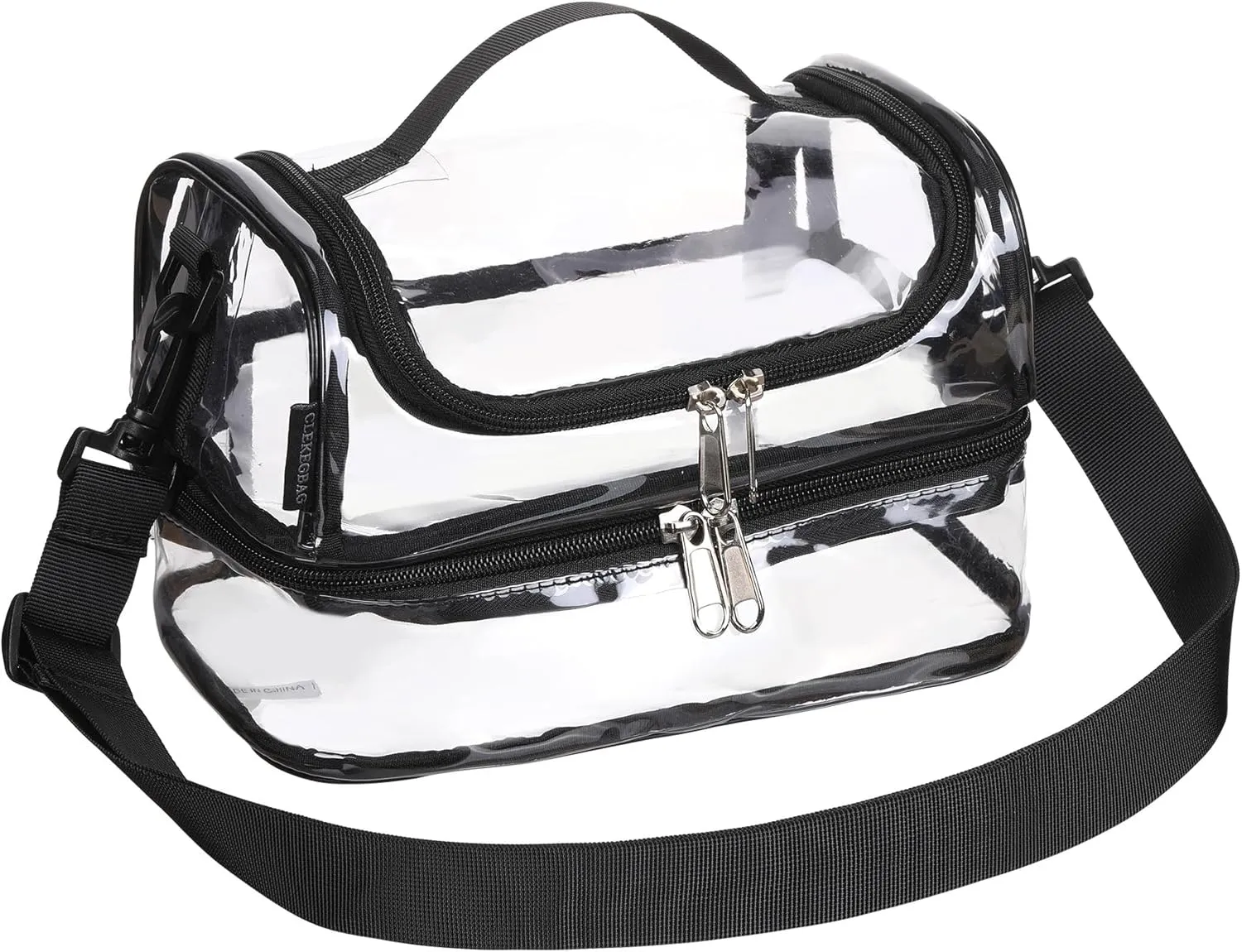 Transparent Plastic Double Clear Lunch Box top handle with adjustable-strap Tote bag for Work School Stadium Concert see through,black