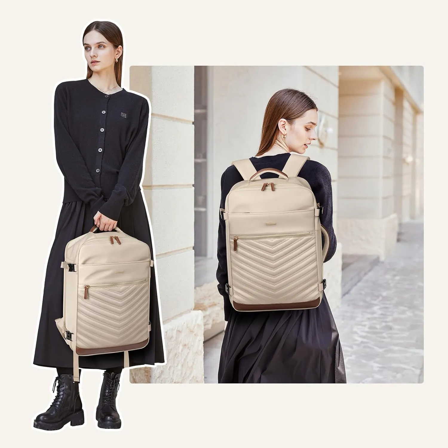 Travel Backpack for Women - Carry On Travel Laptop Backpack,Personal Item Travel Bag Waterproof Large Casual Daypack Backpack for Business Trip Weekender,17.3Inch,Apricot