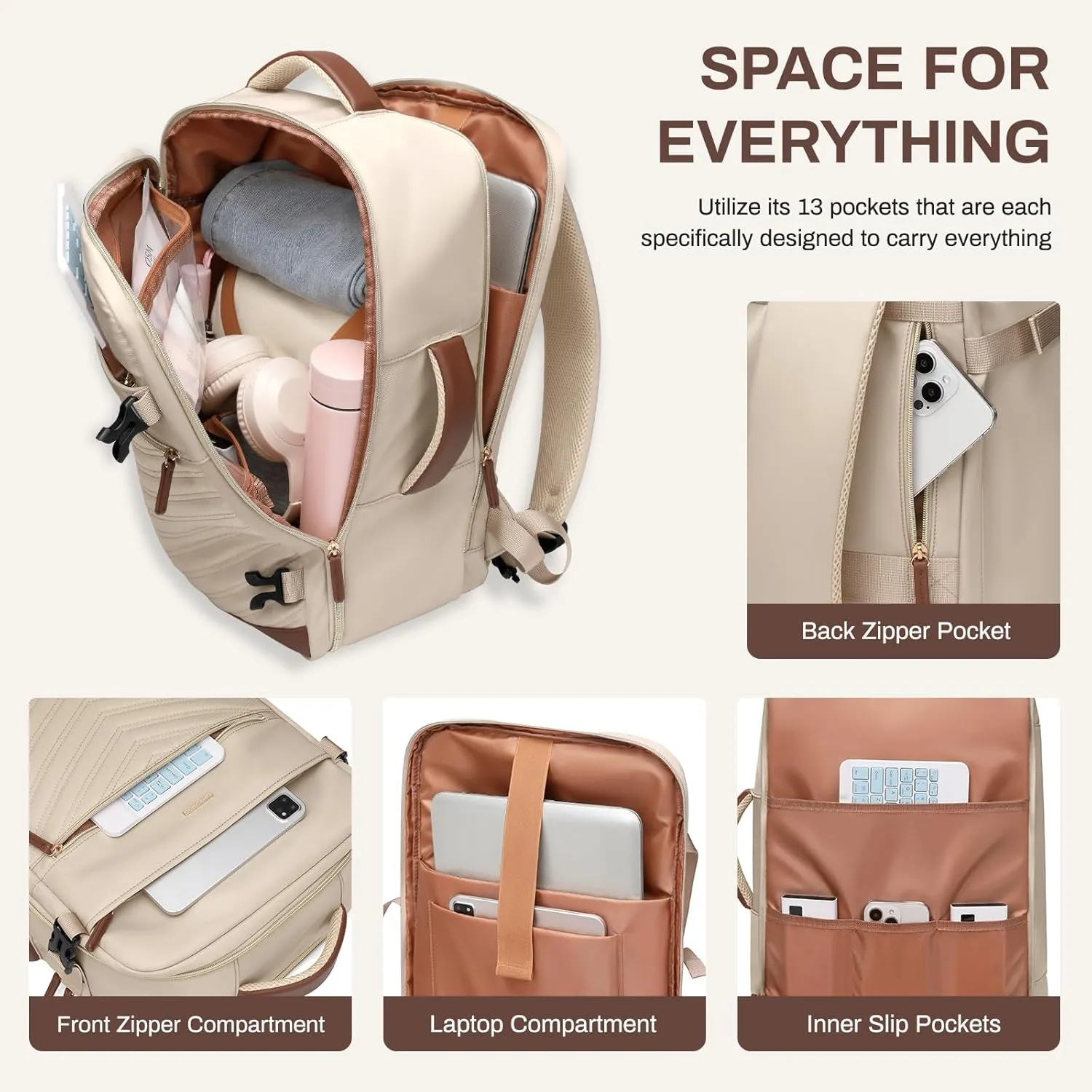 Travel Backpack for Women - Carry On Travel Laptop Backpack,Personal Item Travel Bag Waterproof Large Casual Daypack Backpack for Business Trip Weekender,17.3Inch,Apricot