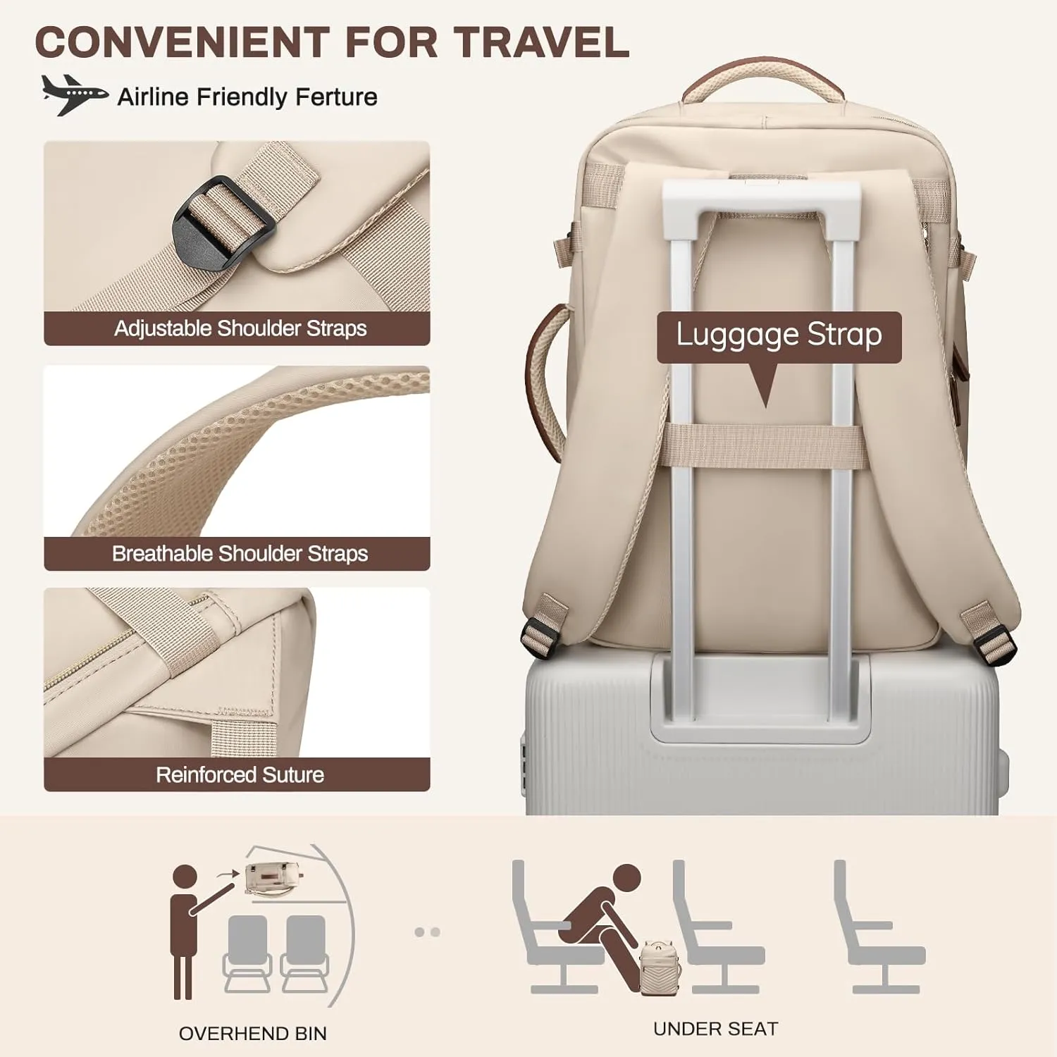 Travel Backpack for Women - Carry On Travel Laptop Backpack,Personal Item Travel Bag Waterproof Large Casual Daypack Backpack for Business Trip Weekender,17.3Inch,Apricot