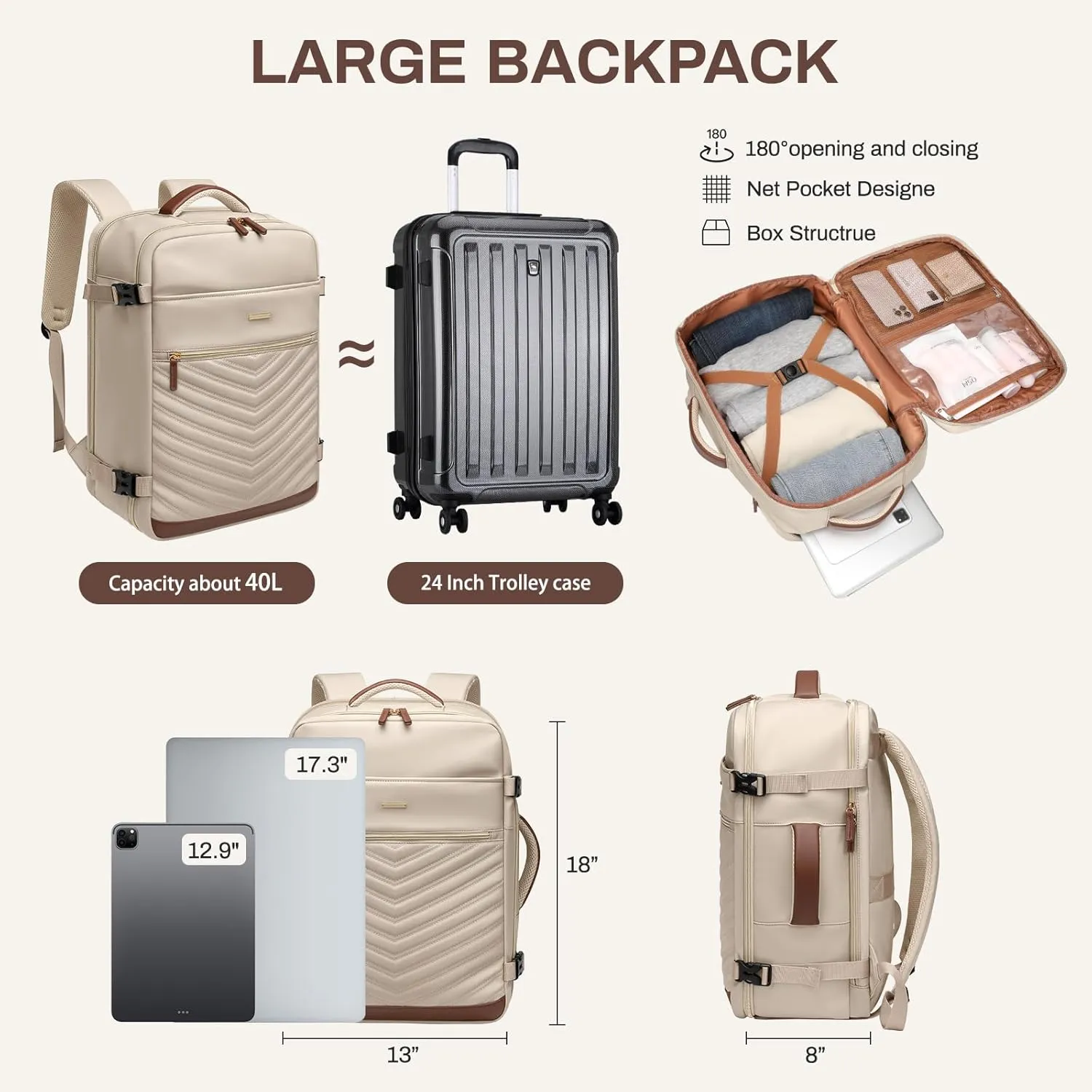 Travel Backpack for Women - Carry On Travel Laptop Backpack,Personal Item Travel Bag Waterproof Large Casual Daypack Backpack for Business Trip Weekender,17.3Inch,Apricot