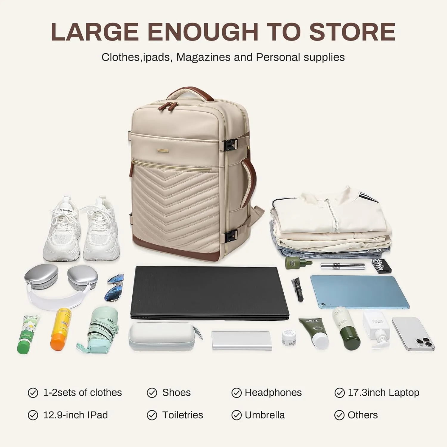Travel Backpack for Women - Carry On Travel Laptop Backpack,Personal Item Travel Bag Waterproof Large Casual Daypack Backpack for Business Trip Weekender,17.3Inch,Apricot