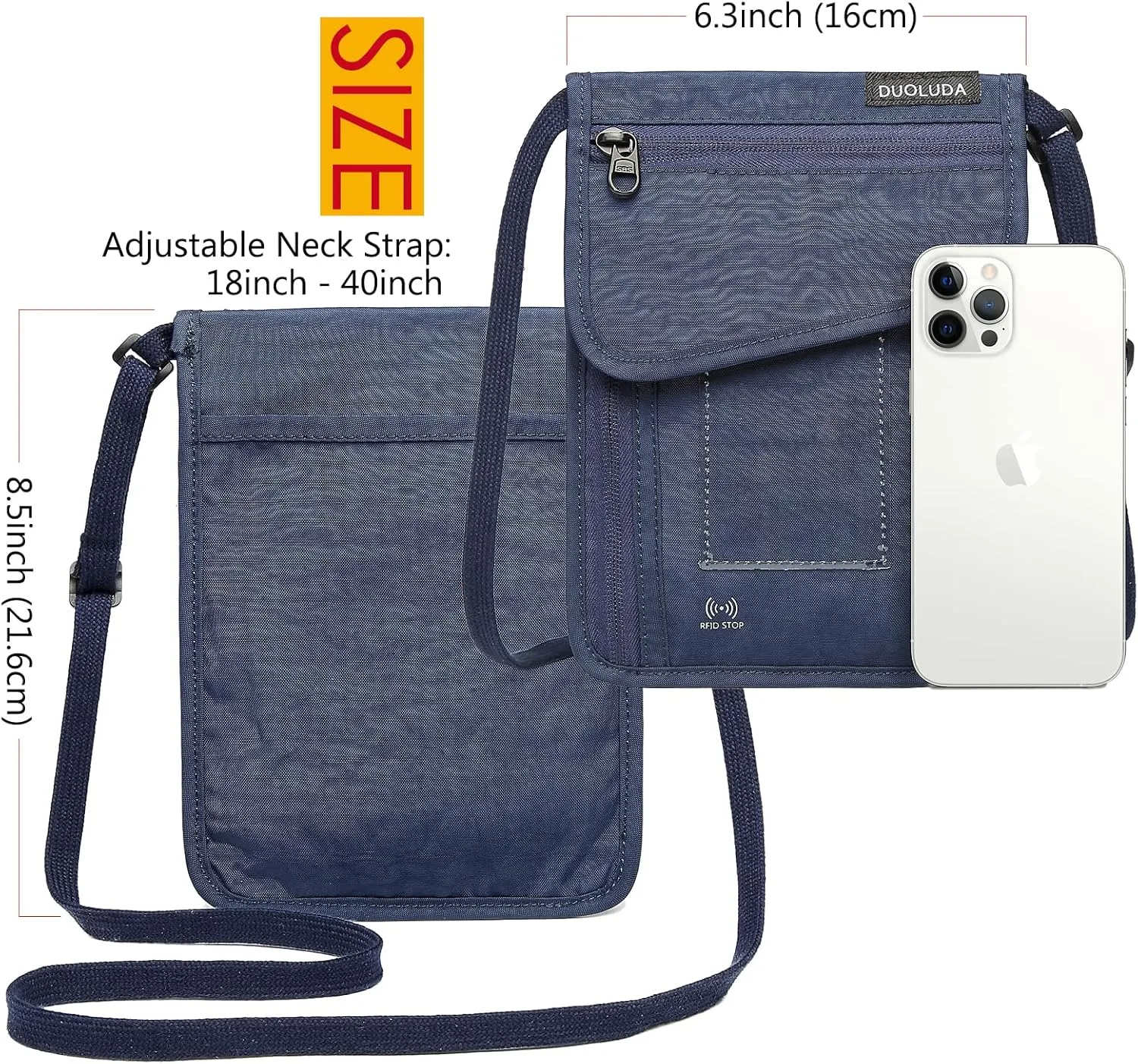 Travel Neck Pouch Hidden Passport Wallet RFID- Blocking for Women & Men ，Security Organizer Bag to Hold Cell Phone, Credit Cards, Passport，Cash and Travel Document (Blue)