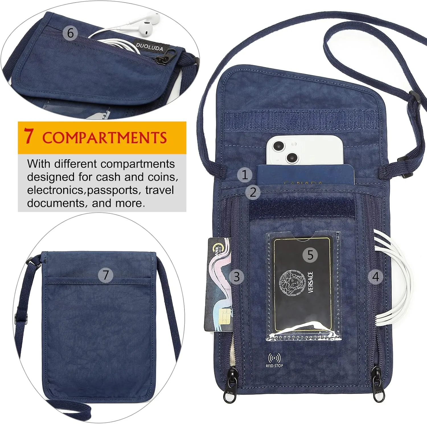 Travel Neck Pouch Hidden Passport Wallet RFID- Blocking for Women & Men ，Security Organizer Bag to Hold Cell Phone, Credit Cards, Passport，Cash and Travel Document (Blue)