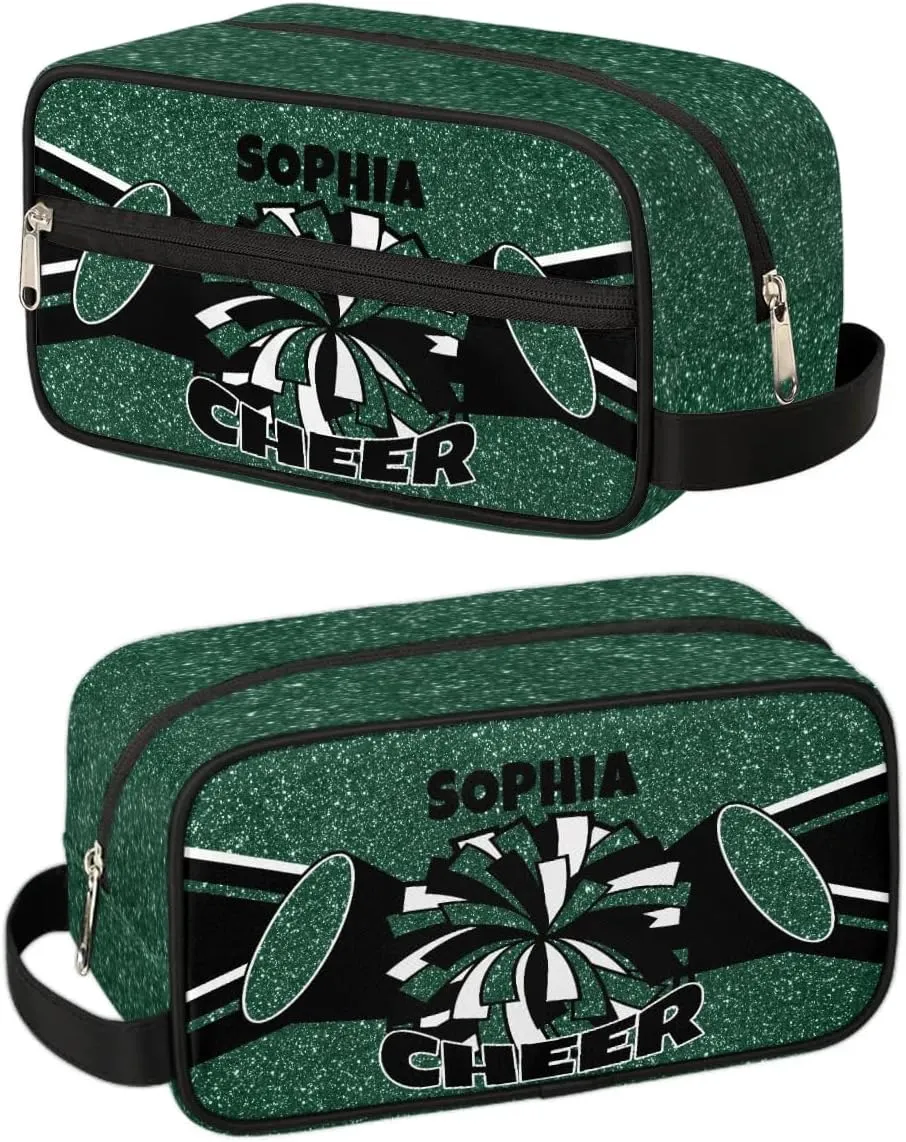 TropicalLife Custom Cheer Cosmetic Bag for Cheerleader, Personalized Cheerleading Makeup Case Portable Travel Bag Toiletry Zipper Pouch for Teammates Gifts, Glitter Dark Green