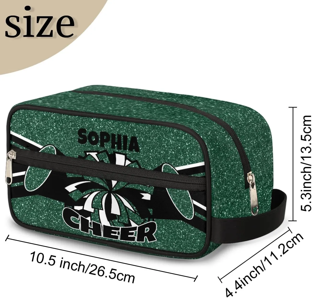 TropicalLife Custom Cheer Cosmetic Bag for Cheerleader, Personalized Cheerleading Makeup Case Portable Travel Bag Toiletry Zipper Pouch for Teammates Gifts, Glitter Dark Green