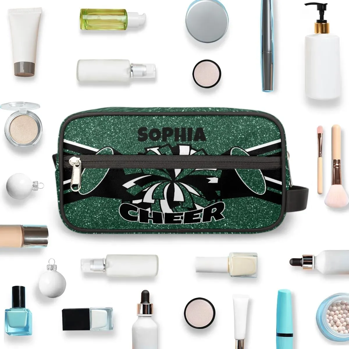 TropicalLife Custom Cheer Cosmetic Bag for Cheerleader, Personalized Cheerleading Makeup Case Portable Travel Bag Toiletry Zipper Pouch for Teammates Gifts, Glitter Dark Green