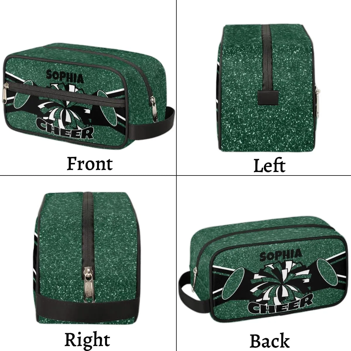 TropicalLife Custom Cheer Cosmetic Bag for Cheerleader, Personalized Cheerleading Makeup Case Portable Travel Bag Toiletry Zipper Pouch for Teammates Gifts, Glitter Dark Green