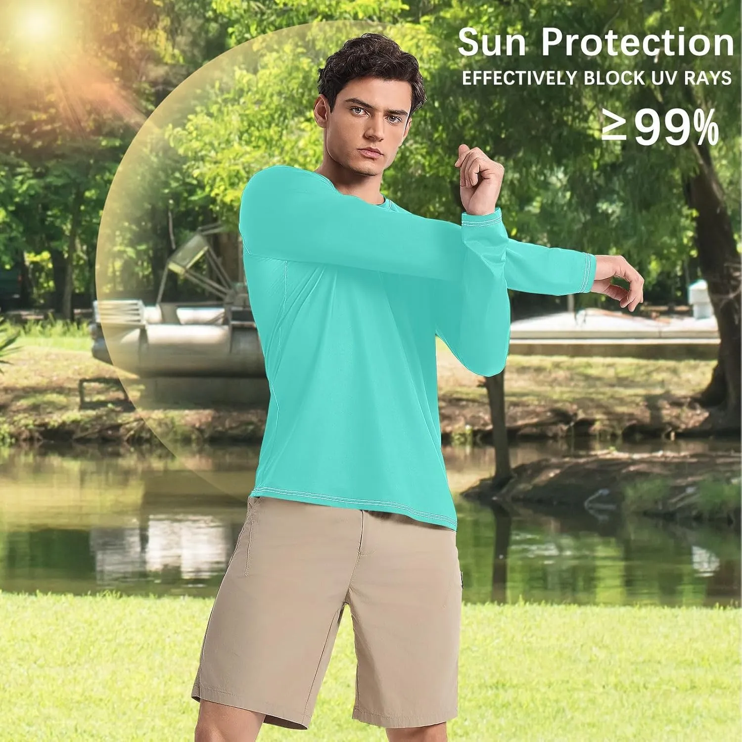 Turquoise SPF 50 Shirts for Men Quick Dry Hot Weather Long Sleeve Shirt Small