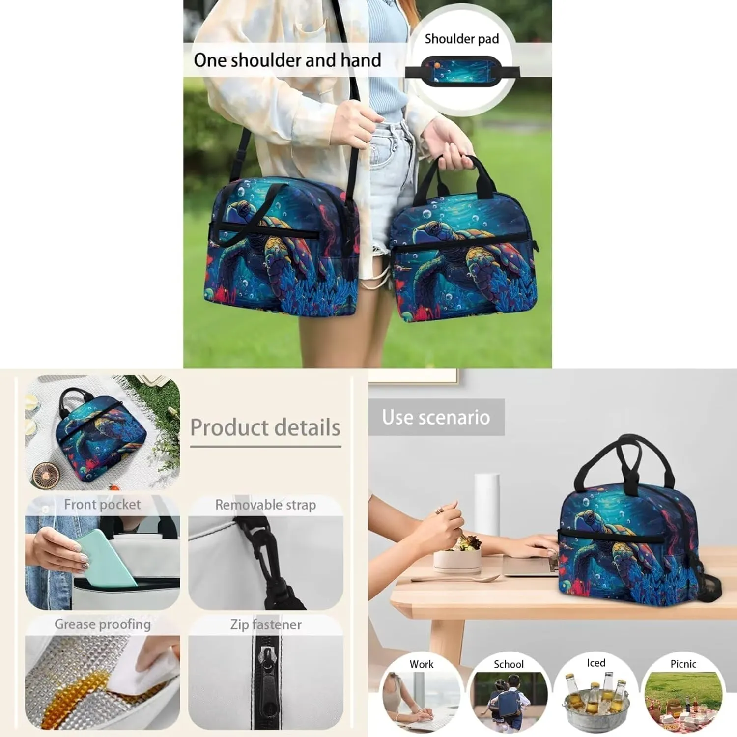 Turtle Print Set of 4 Backpack for Kids 8-12Y with Lunchbox Girl Backpack and Lunch Box Set 17 inch Large Capacity Bookbag for Middle School Secondary Schools
