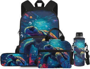Turtle Print Set of 4 Backpack for Kids 8-12Y with Lunchbox Girl Backpack and Lunch Box Set 17 inch Large Capacity Bookbag for Middle School Secondary Schools
