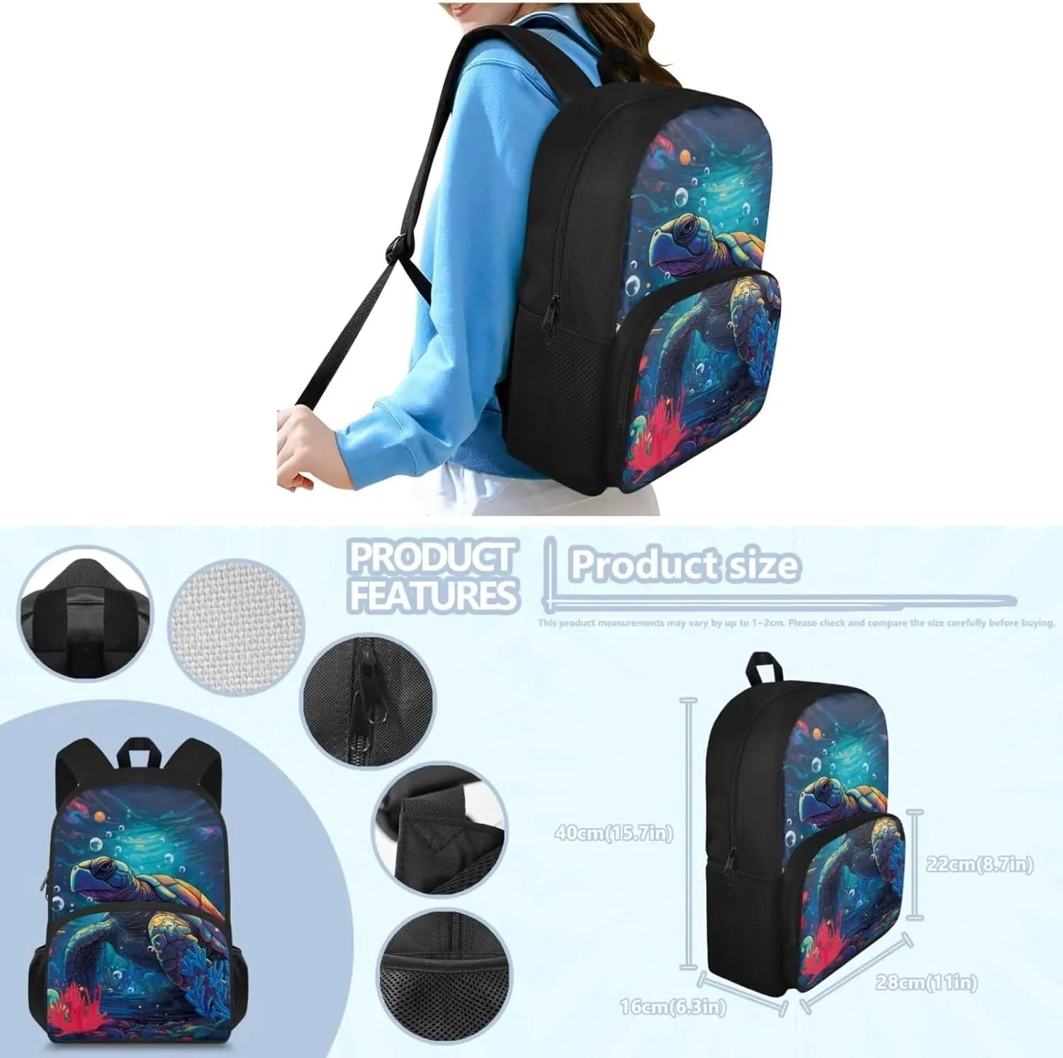 Turtle Print Set of 4 Backpack for Kids 8-12Y with Lunchbox Girl Backpack and Lunch Box Set 17 inch Large Capacity Bookbag for Middle School Secondary Schools