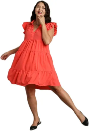 Umgee Tiered Short Dress with Flutter Sleeves & Collar No Lining