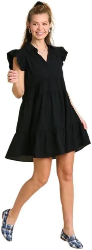 Umgee Tiered Short Dress with Flutter Sleeves & Collar No Lining