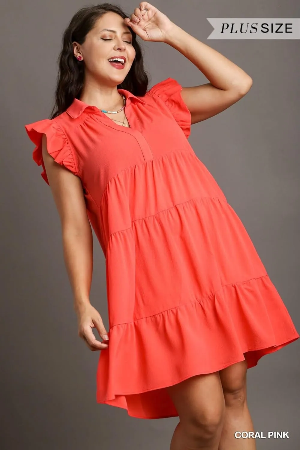 Umgee Tiered Short Dress with Flutter Sleeves & Collar No Lining