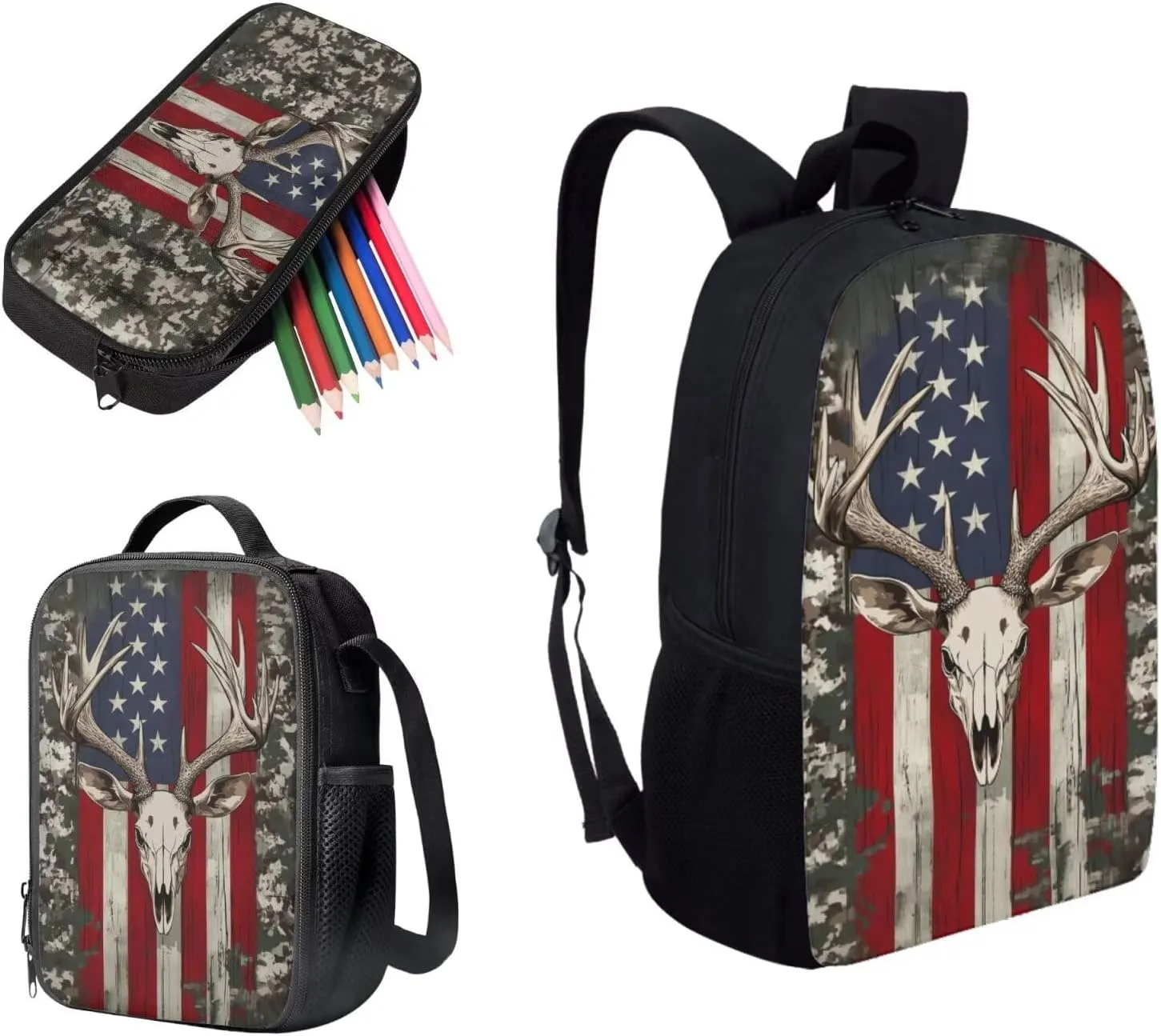 Uourmeti American Flag Deer Skull Girls Backpack and Lunchbox Pencil Case Set for Kindergarten Elementary School Bookbags and Lunch Box Set for Teens Personalized Schoolbags Kids Book Bags 3 Pcs