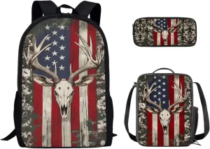 Uourmeti American Flag Deer Skull Girls Backpack and Lunchbox Pencil Case Set for Kindergarten Elementary School Bookbags and Lunch Box Set for Teens Personalized Schoolbags Kids Book Bags 3 Pcs