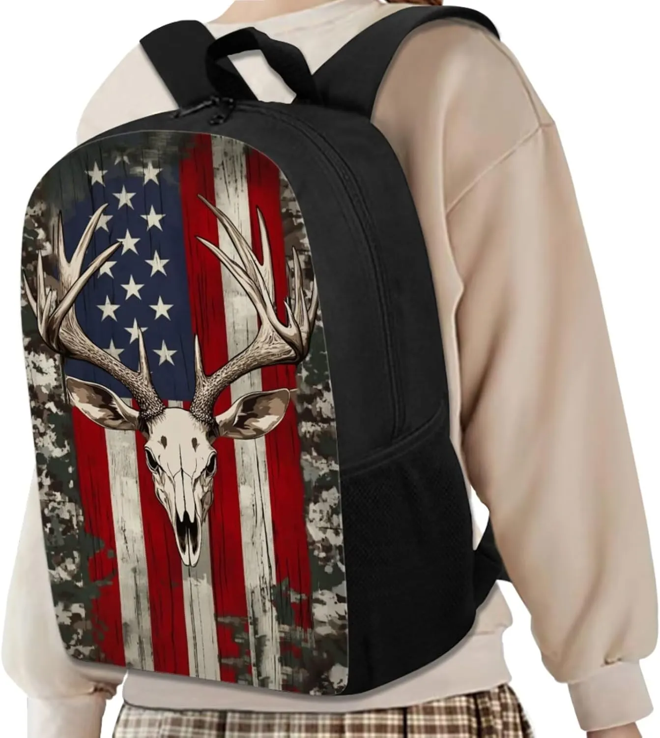 Uourmeti American Flag Deer Skull Girls Backpack and Lunchbox Pencil Case Set for Kindergarten Elementary School Bookbags and Lunch Box Set for Teens Personalized Schoolbags Kids Book Bags 3 Pcs