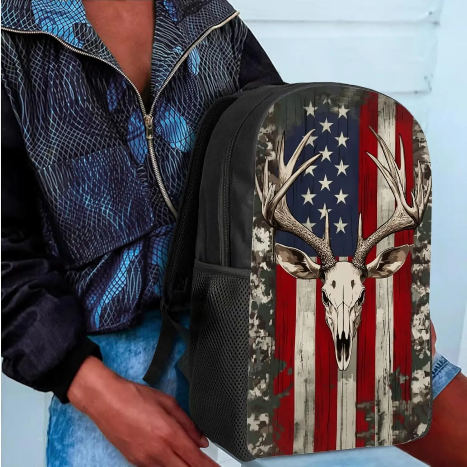 Uourmeti American Flag Deer Skull Girls Backpack and Lunchbox Pencil Case Set for Kindergarten Elementary School Bookbags and Lunch Box Set for Teens Personalized Schoolbags Kids Book Bags 3 Pcs
