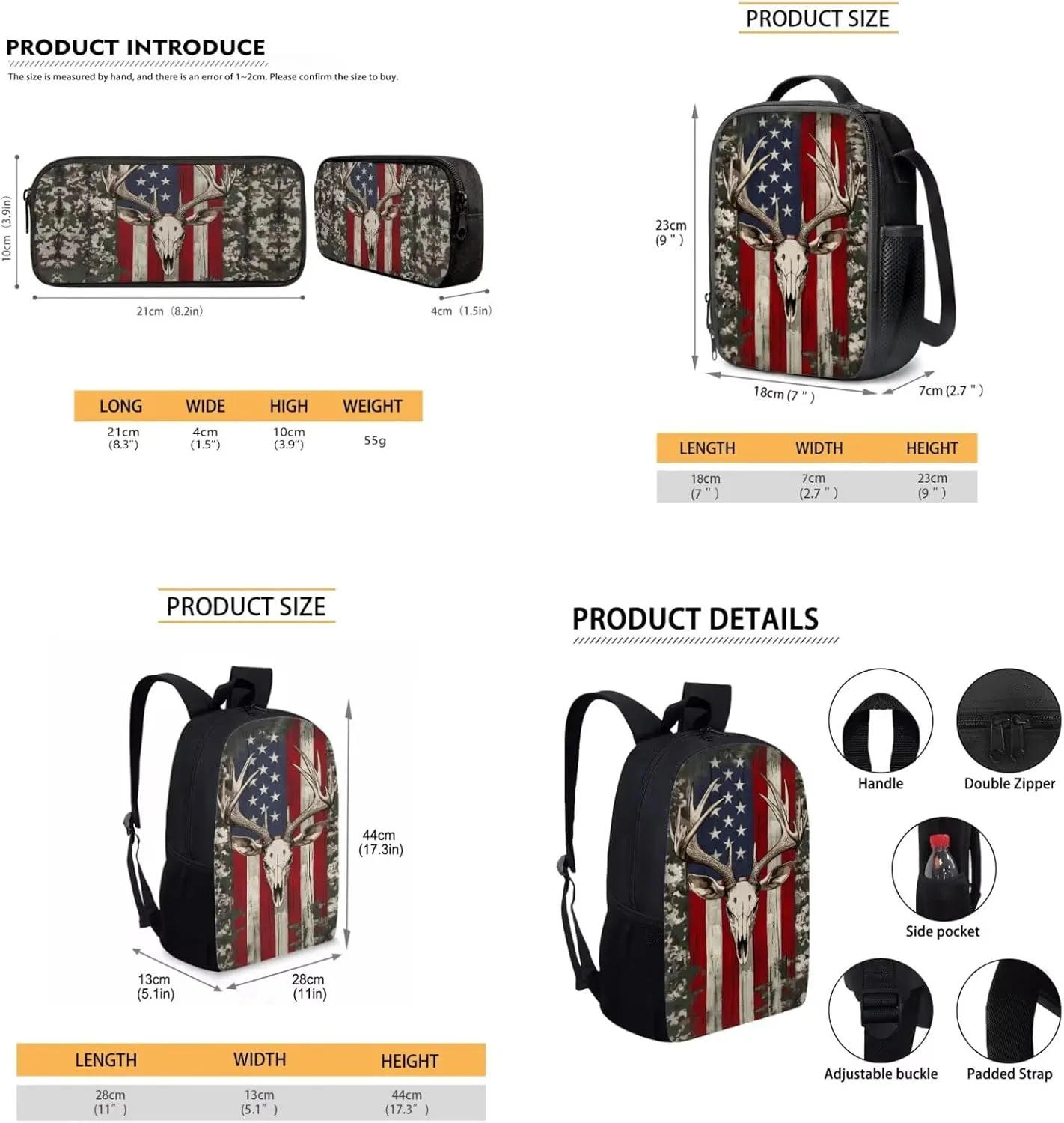 Uourmeti American Flag Deer Skull Girls Backpack and Lunchbox Pencil Case Set for Kindergarten Elementary School Bookbags and Lunch Box Set for Teens Personalized Schoolbags Kids Book Bags 3 Pcs