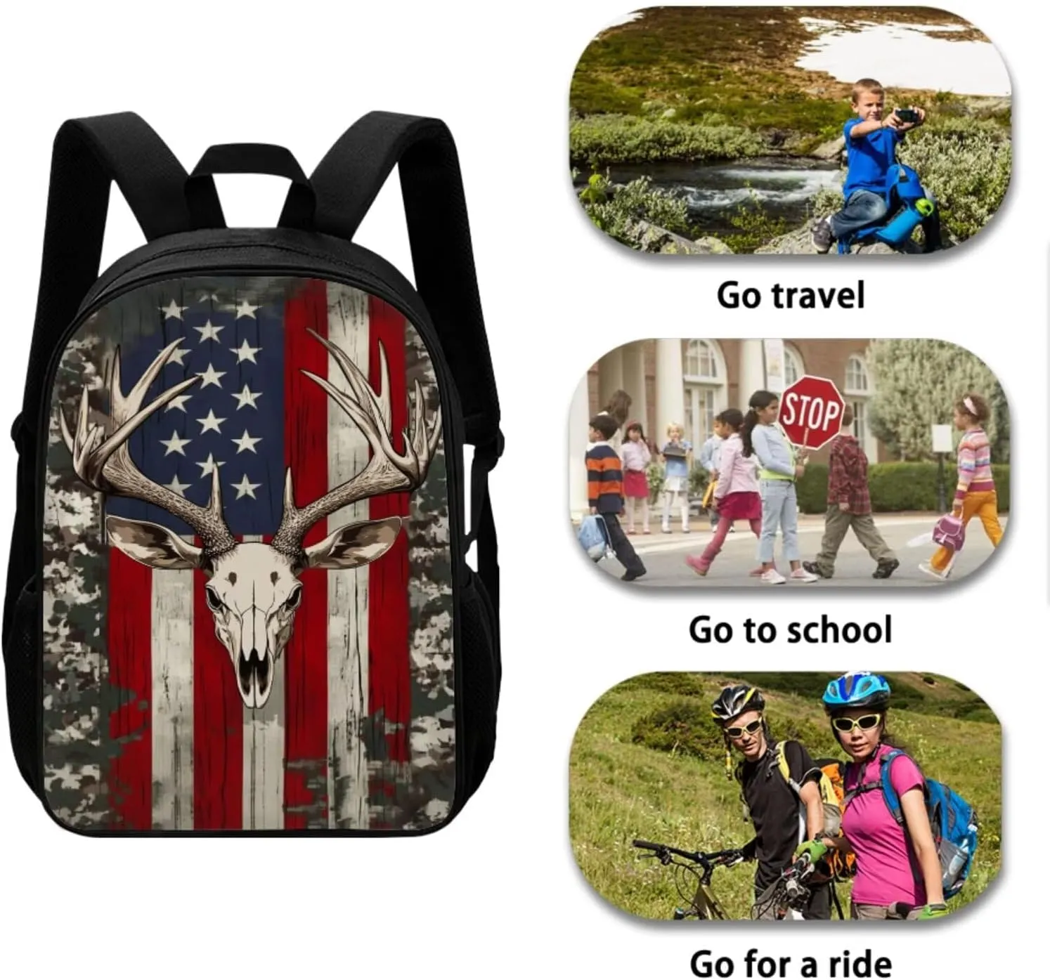 Uourmeti American Flag Deer Skull Girls Backpack and Lunchbox Pencil Case Set for Kindergarten Elementary School Bookbags and Lunch Box Set for Teens Personalized Schoolbags Kids Book Bags 3 Pcs