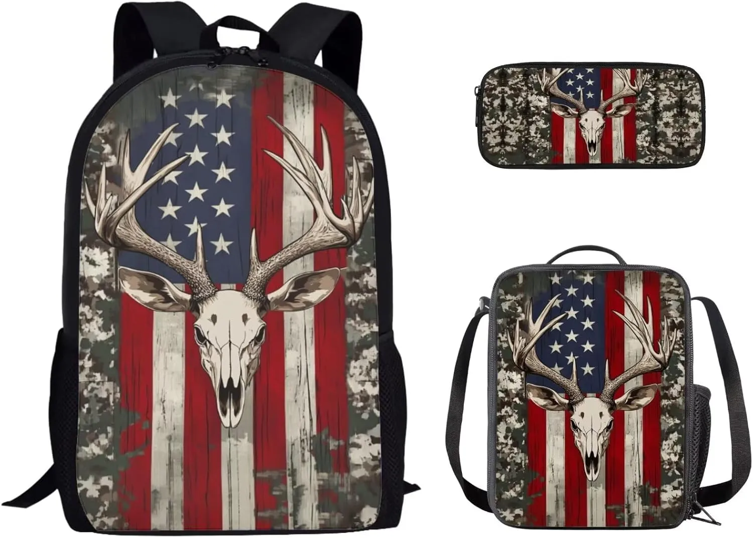 Uourmeti American Flag Deer Skull Girls Backpack and Lunchbox Pencil Case Set for Kindergarten Elementary School Bookbags and Lunch Box Set for Teens Personalized Schoolbags Kids Book Bags 3 Pcs