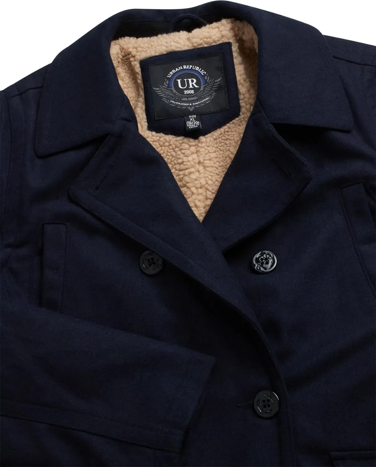 URBAN REPUBLIC Boys' Peacoat - Double Breasted Mixed Wool Dress Coat with Soft Faux Fur Lining and Flap Pockets (Sizes: 4-20)