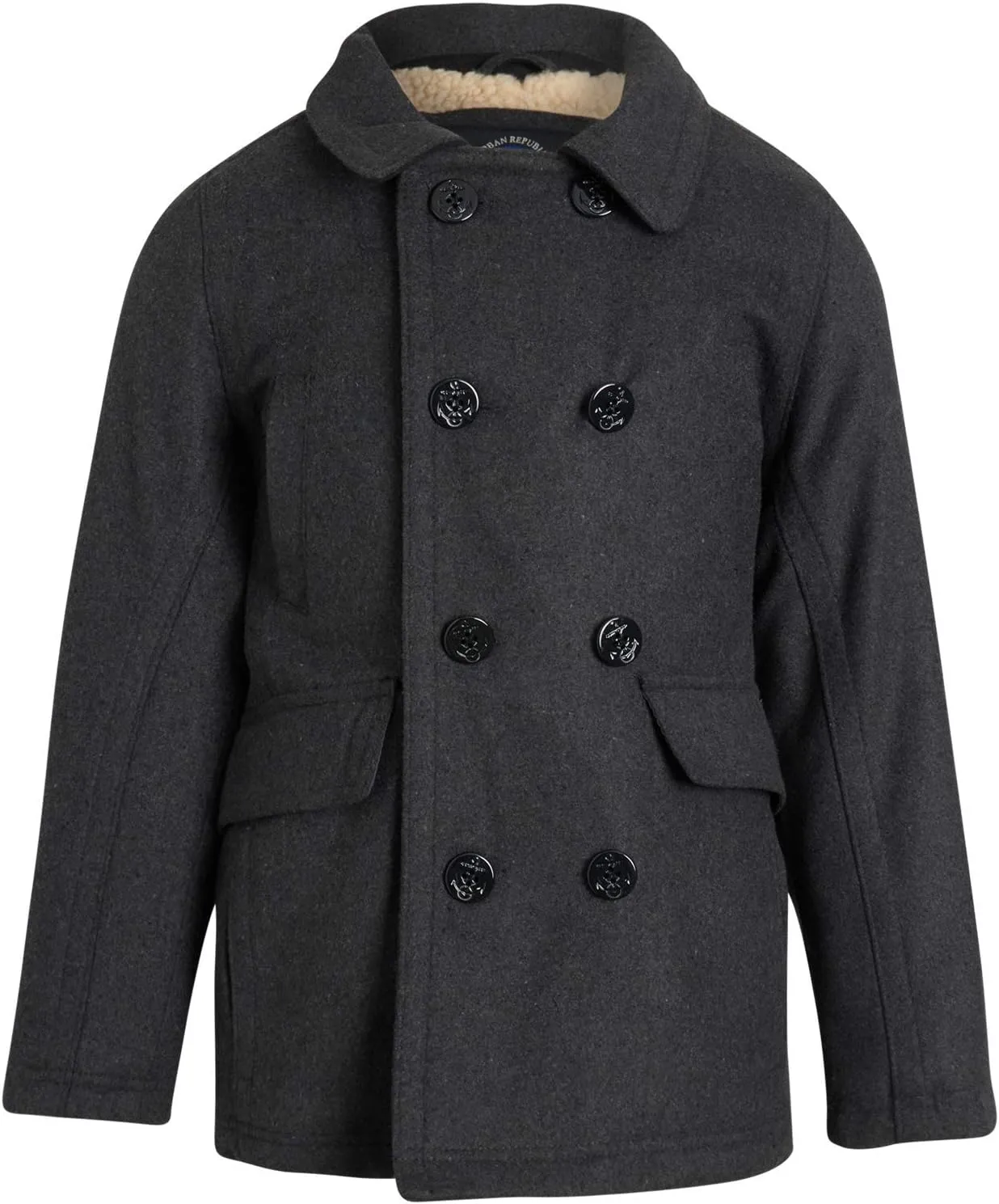 URBAN REPUBLIC Boys' Peacoat - Double Breasted Mixed Wool Dress Coat with Soft Faux Fur Lining and Flap Pockets (Sizes: 4-20)