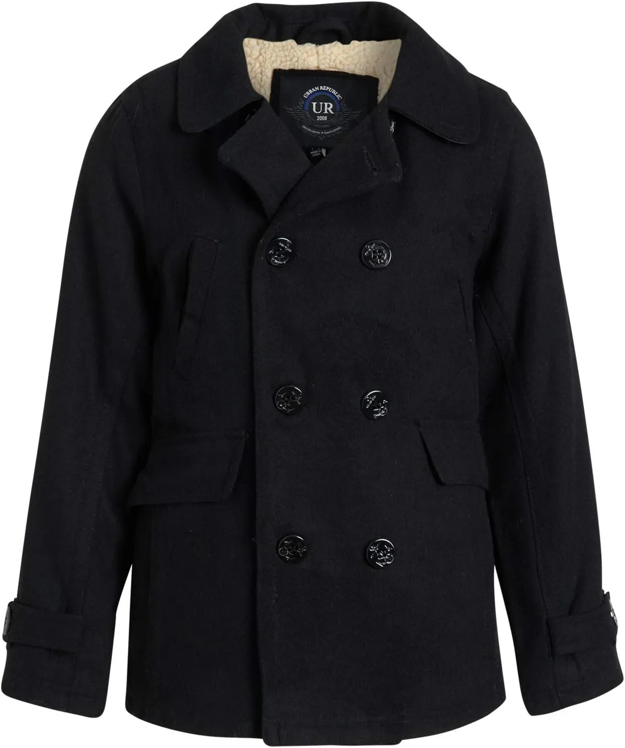 URBAN REPUBLIC Boys' Peacoat - Double Breasted Mixed Wool Dress Coat with Soft Faux Fur Lining and Flap Pockets (Sizes: 4-20)