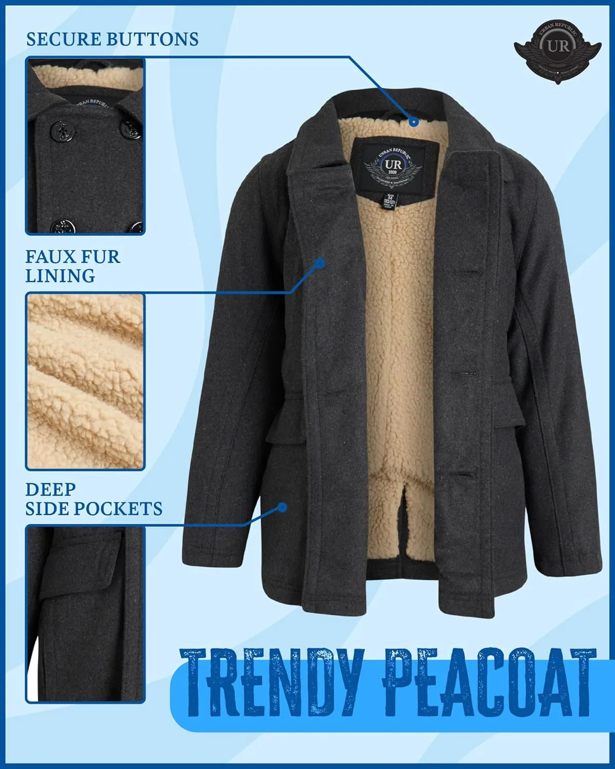 URBAN REPUBLIC Boys' Peacoat - Double Breasted Mixed Wool Dress Coat with Soft Faux Fur Lining and Flap Pockets (Sizes: 4-20)