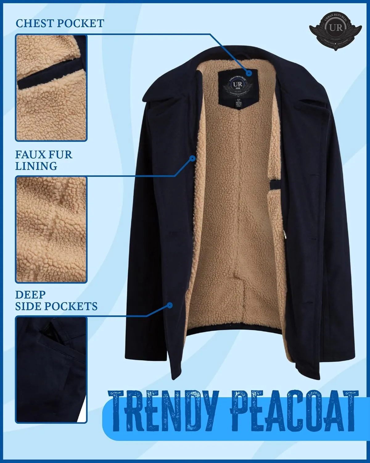 URBAN REPUBLIC Boys' Peacoat - Double Breasted Mixed Wool Dress Coat with Soft Faux Fur Lining and Flap Pockets (Sizes: 4-20)