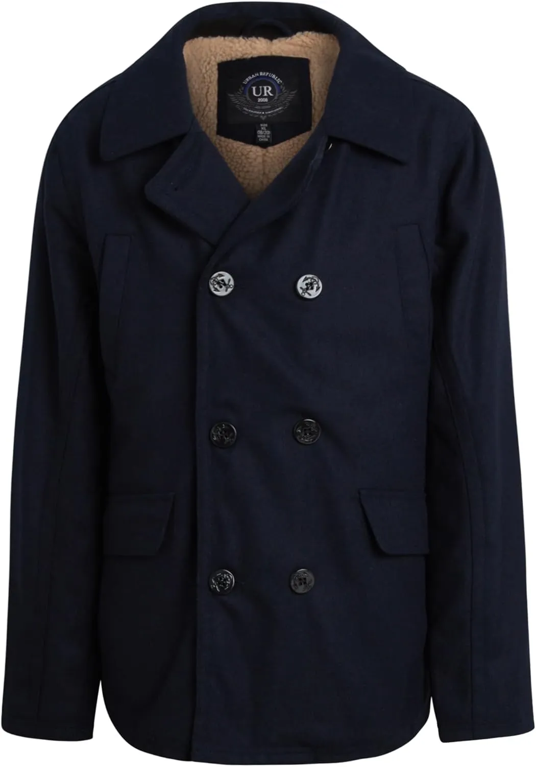 URBAN REPUBLIC Boys' Peacoat - Double Breasted Mixed Wool Dress Coat with Soft Faux Fur Lining and Flap Pockets (Sizes: 4-20)