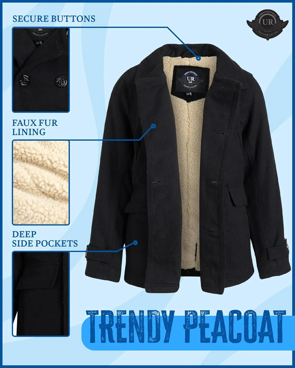 URBAN REPUBLIC Boys' Peacoat - Double Breasted Mixed Wool Dress Coat with Soft Faux Fur Lining and Flap Pockets (Sizes: 4-20)