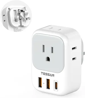 US to UK Plug Adapter, TESSAN UK Adapters for Travel, Foldable Plug with 4 Outlets 3 USB (PD 20W 1 USB C), Type G Power Adaptor for USA to Ireland Scotland England London Hongkong Dubai Irish