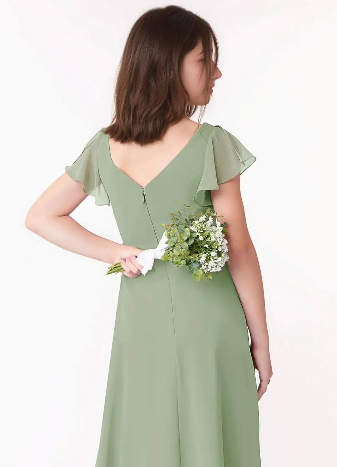 V Neck Chiffon Junior Bridesmaid Dress Short Sleeves Ruffled Flower Girl Dress for Wedding