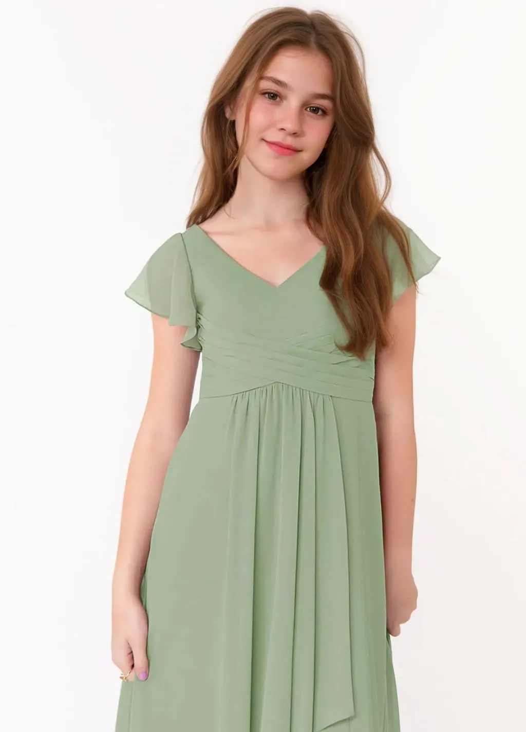 V Neck Chiffon Junior Bridesmaid Dress Short Sleeves Ruffled Flower Girl Dress for Wedding
