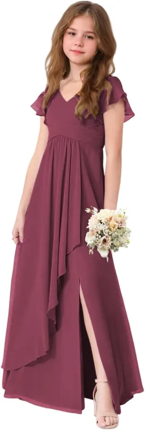 V Neck Chiffon Junior Bridesmaid Dress Short Sleeves Ruffled Flower Girl Dress for Wedding