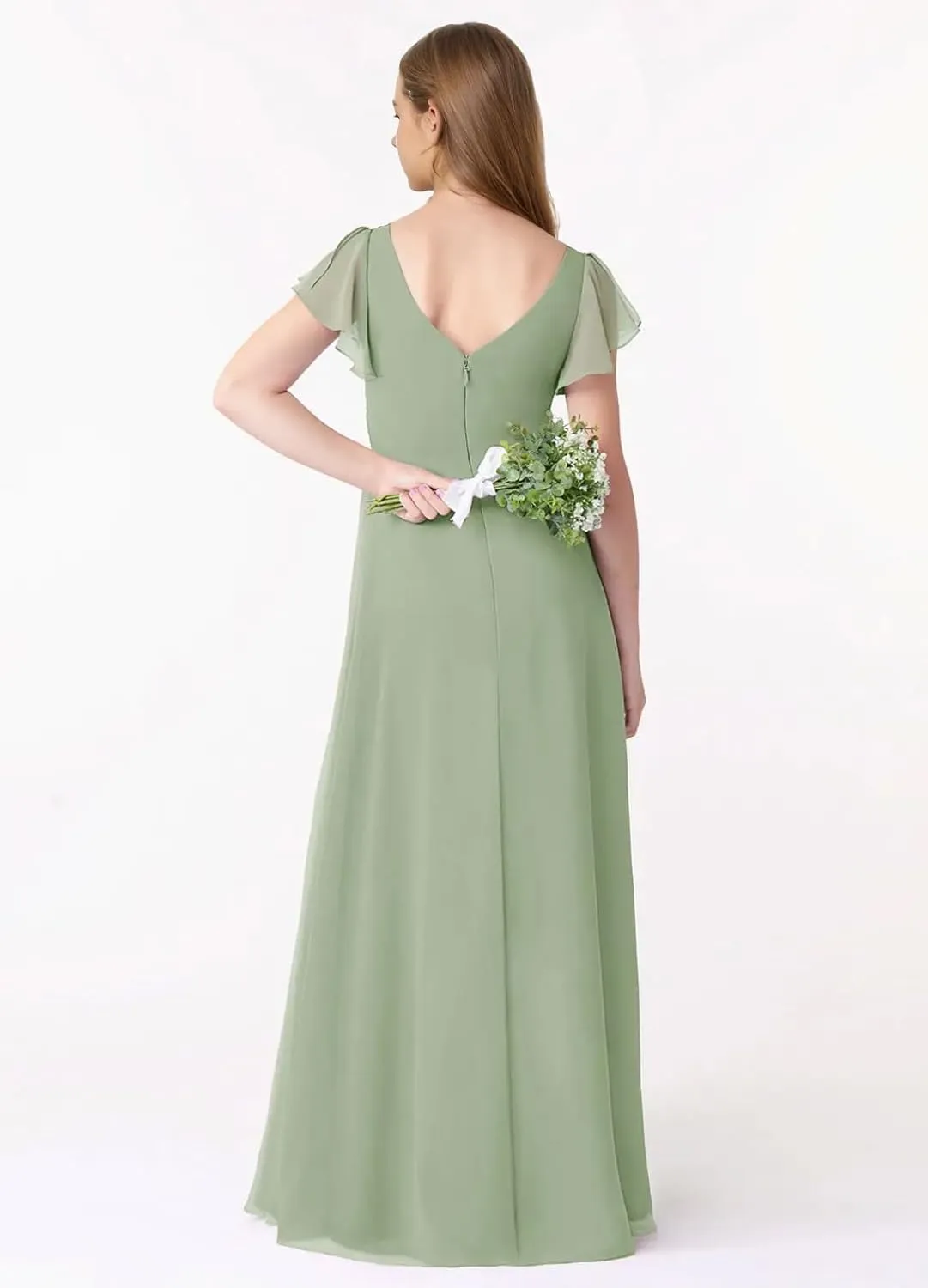 V Neck Chiffon Junior Bridesmaid Dress Short Sleeves Ruffled Flower Girl Dress for Wedding