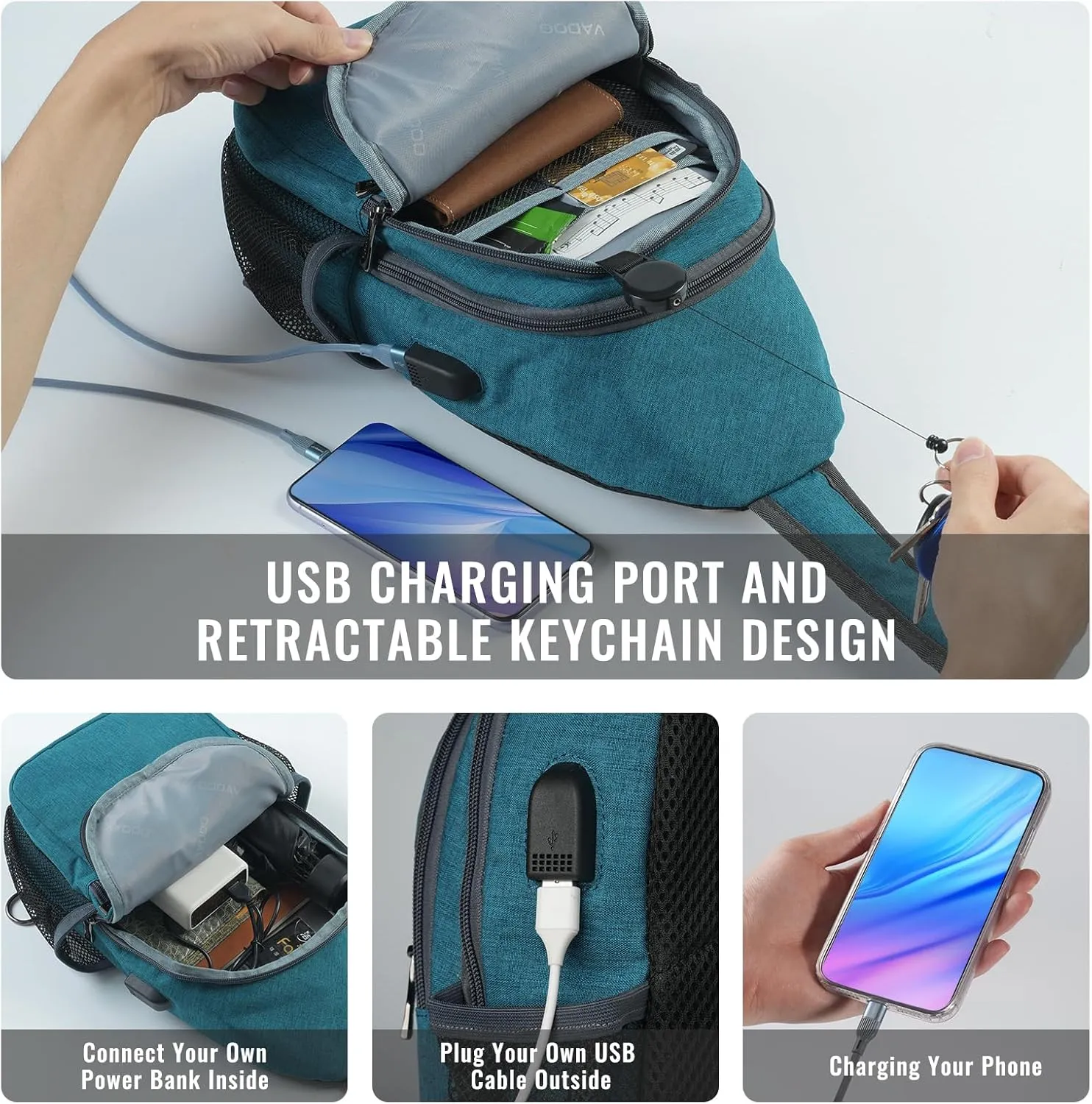 VADOO Sling Backpack with RFID Blocking and Phone Holder on Strap for Men Women Crossbody Chest Bag for Travel Hiking