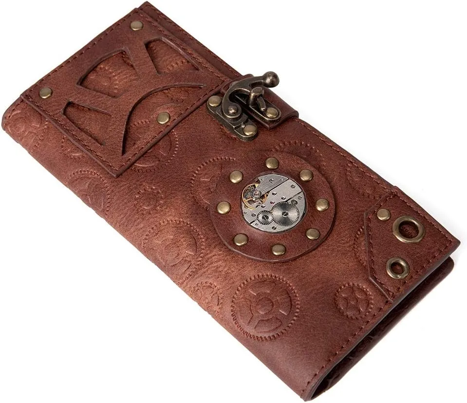 Valentoria Handmade Vintage Steampunk Gear Womens RFID Blocking Long Wallet Genuine Leather Card Holder Purse Handbag Clutch Cell Phone Purse Bag Holster Gift for Women Men (A)